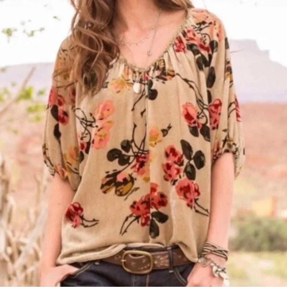 Sundance All Hours Tan Velvet Floral Peasant Boho Blouse Large